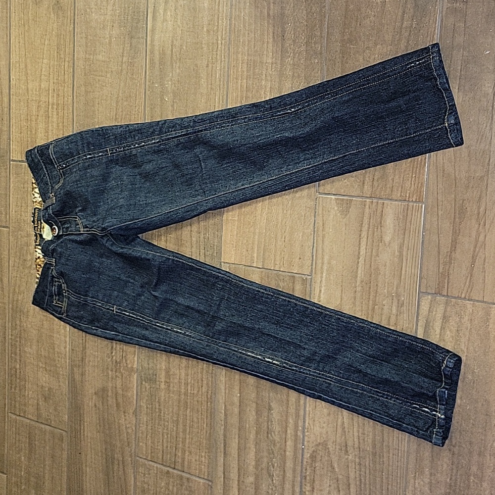 Boom Boom Jeans dark wash stretch leopard trim 5 pockets straight leg sz 9 EUC…